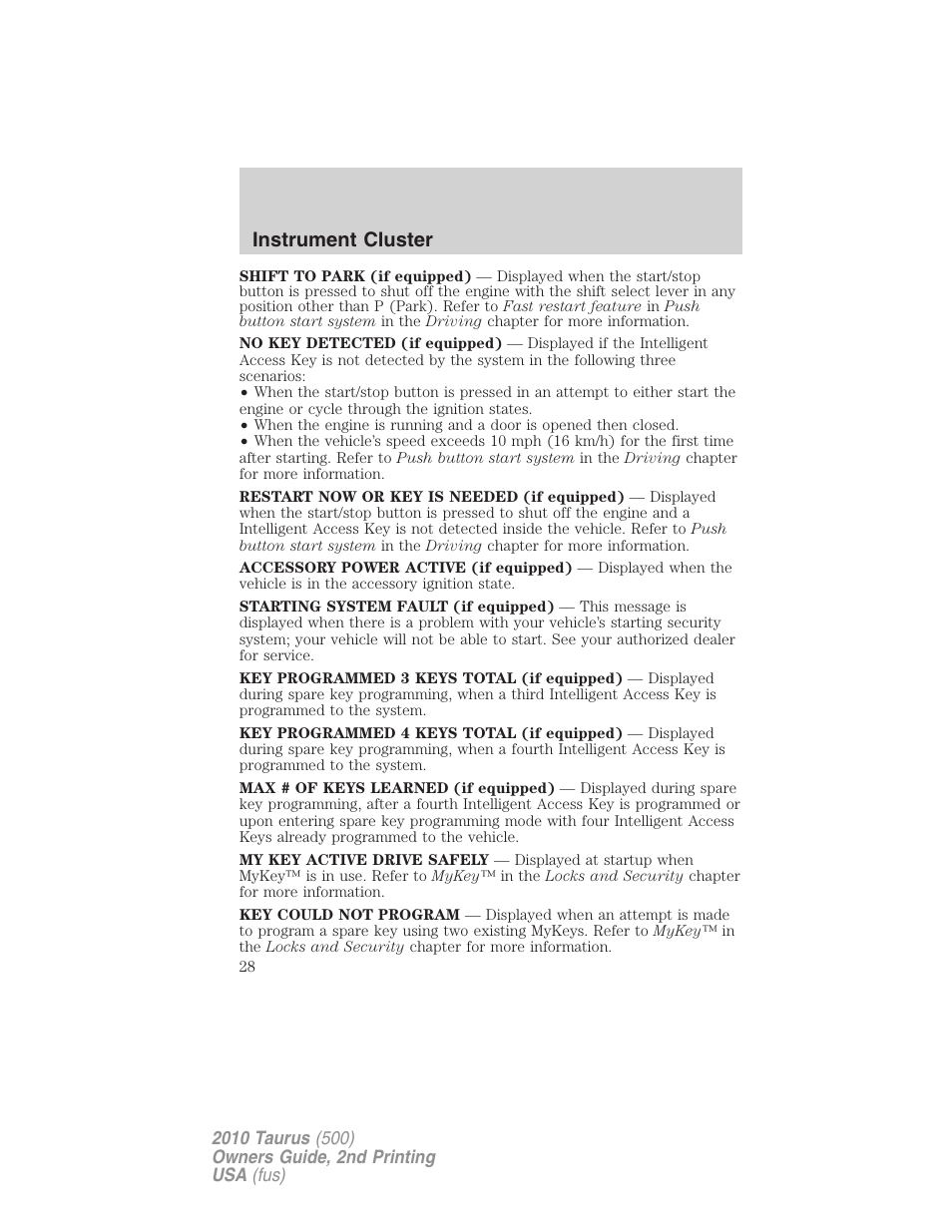 Instrument cluster | FORD 2010 Taurus v.2 User Manual | Page 28 / 382