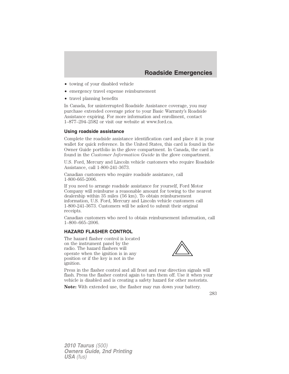 Using roadside assistance, Hazard flasher control, Roadside emergencies | FORD 2010 Taurus v.2 User Manual | Page 283 / 382