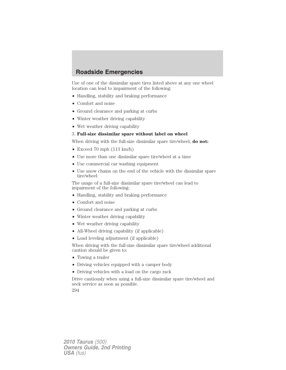 Roadside emergencies | FORD 2010 Taurus v.2 User Manual | Page 294 / 382