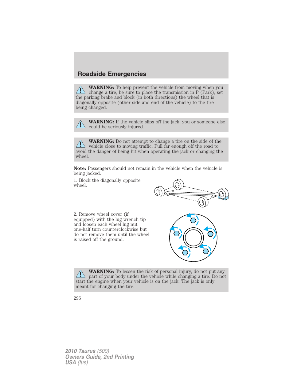 Roadside emergencies | FORD 2010 Taurus v.2 User Manual | Page 296 / 382