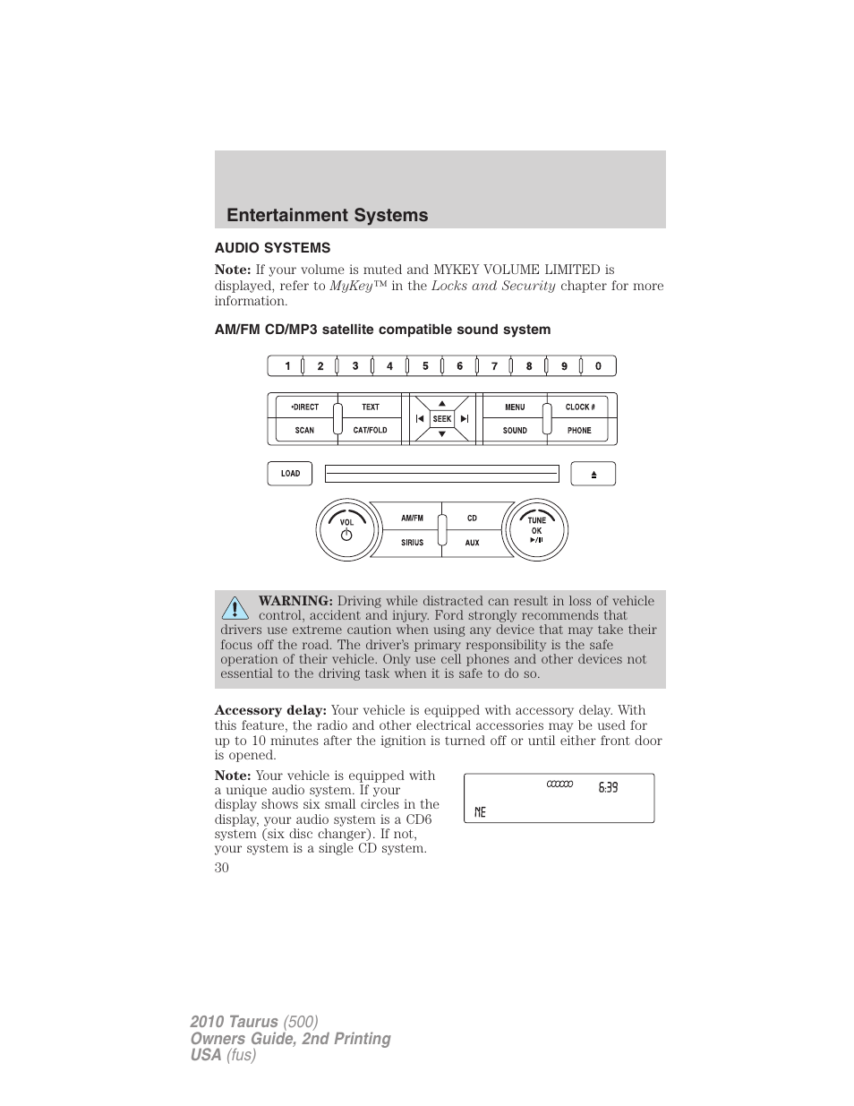 Entertainment systems, Audio systems, Am/fm cd/mp3 satellite compatible sound system | Am/fm stereo with cd/mp3 | FORD 2010 Taurus v.2 User Manual | Page 30 / 382