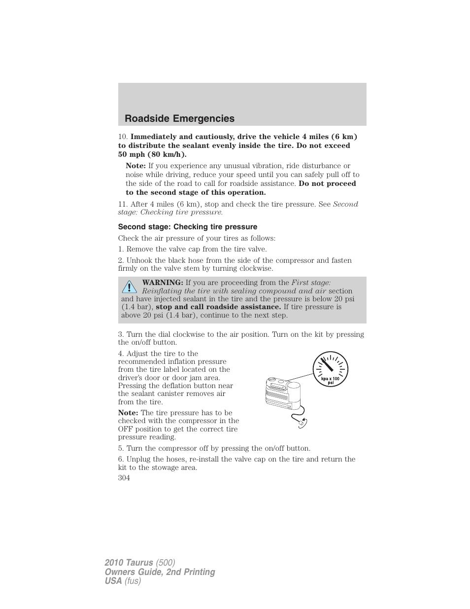 Second stage: checking tire pressure, Roadside emergencies | FORD 2010 Taurus v.2 User Manual | Page 304 / 382