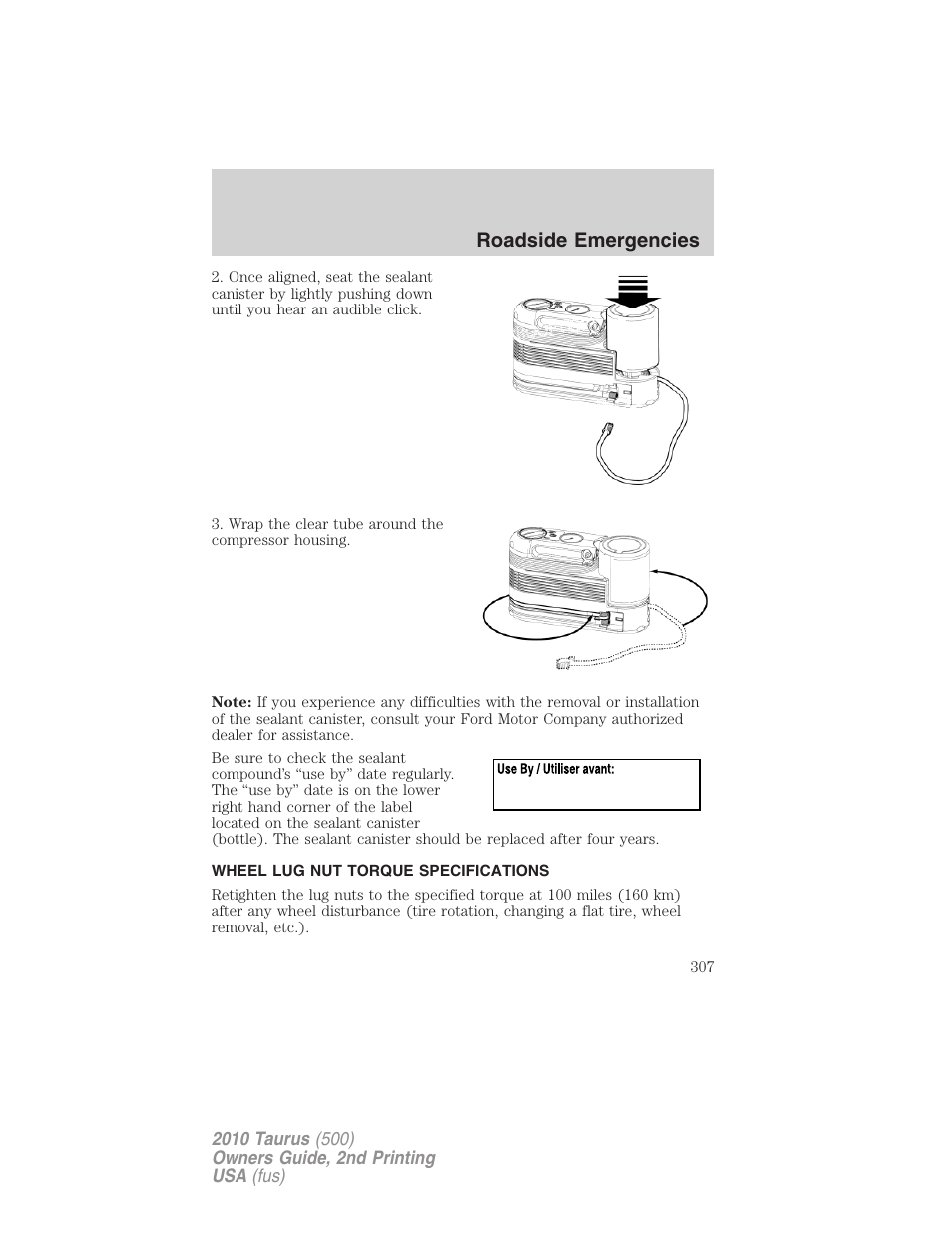 Wheel lug nut torque specifications, Wheel lug nut torque, Roadside emergencies | FORD 2010 Taurus v.2 User Manual | Page 307 / 382