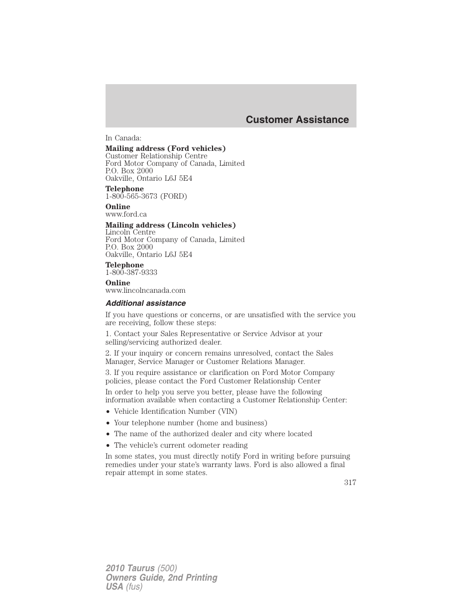 Additional assistance, Customer assistance | FORD 2010 Taurus v.2 User Manual | Page 317 / 382