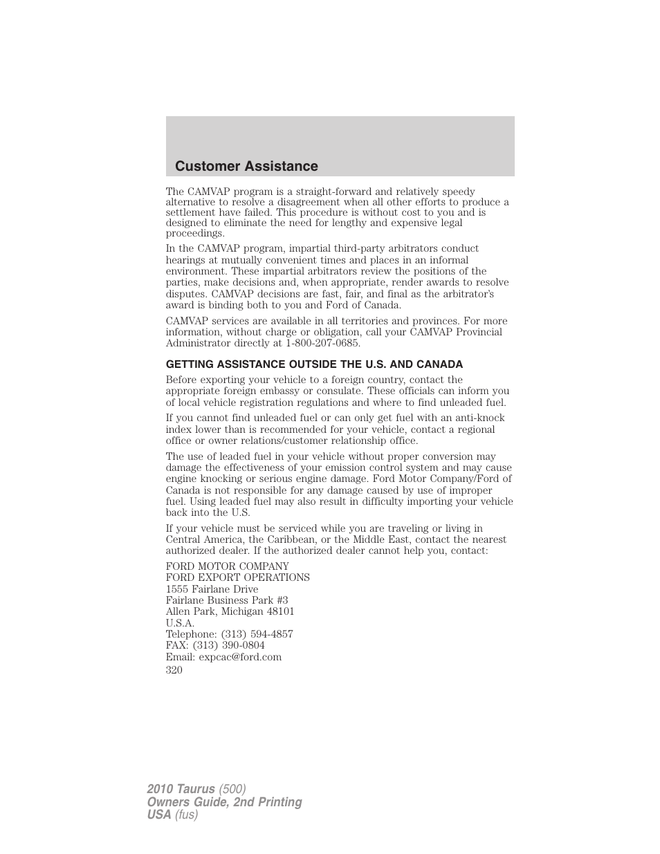 Getting assistance outside the u.s. and canada, Customer assistance | FORD 2010 Taurus v.2 User Manual | Page 320 / 382