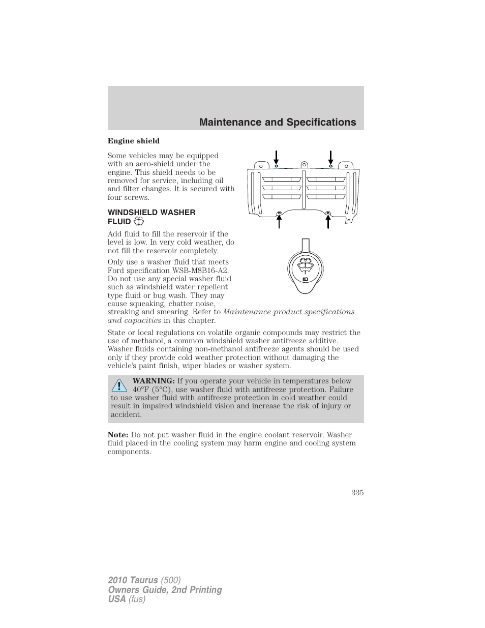 Windshield washer fluid, Maintenance and specifications | FORD 2010 Taurus v.2 User Manual | Page 335 / 382