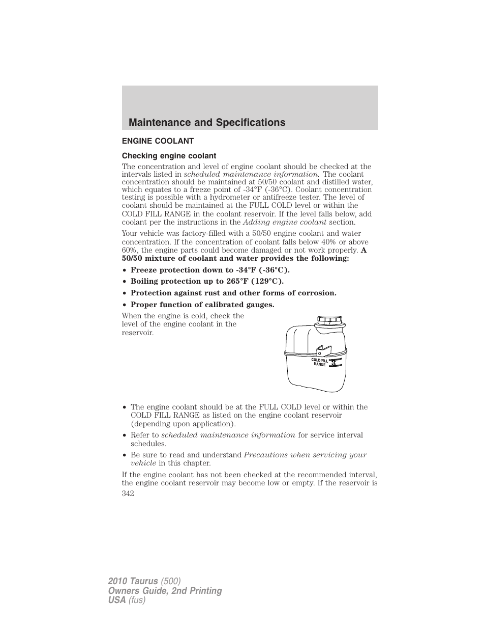 Engine coolant, Checking engine coolant, Maintenance and specifications | FORD 2010 Taurus v.2 User Manual | Page 342 / 382