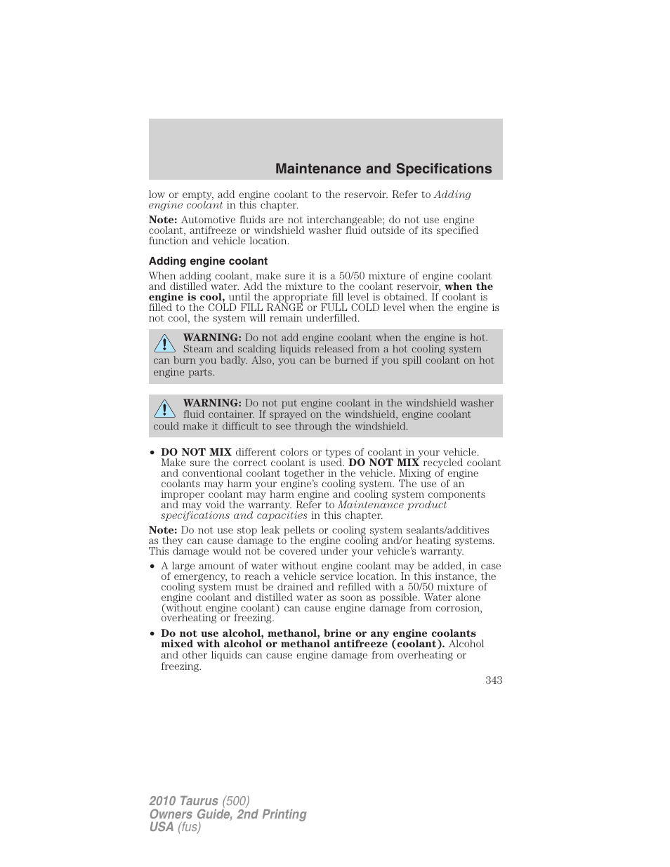 Adding engine coolant, Maintenance and specifications | FORD 2010 Taurus v.2 User Manual | Page 343 / 382