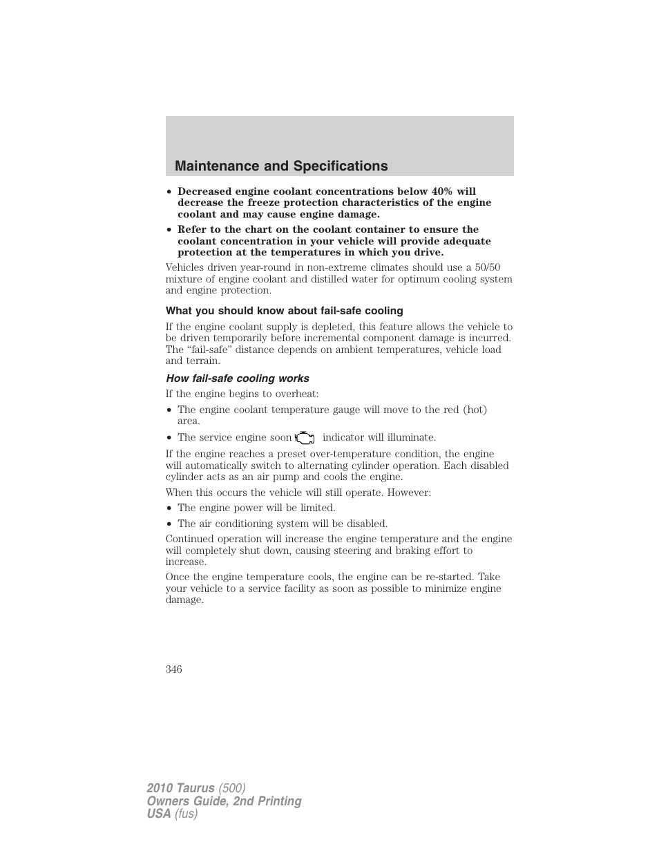 What you should know about fail-safe cooling, How fail-safe cooling works, Maintenance and specifications | FORD 2010 Taurus v.2 User Manual | Page 346 / 382