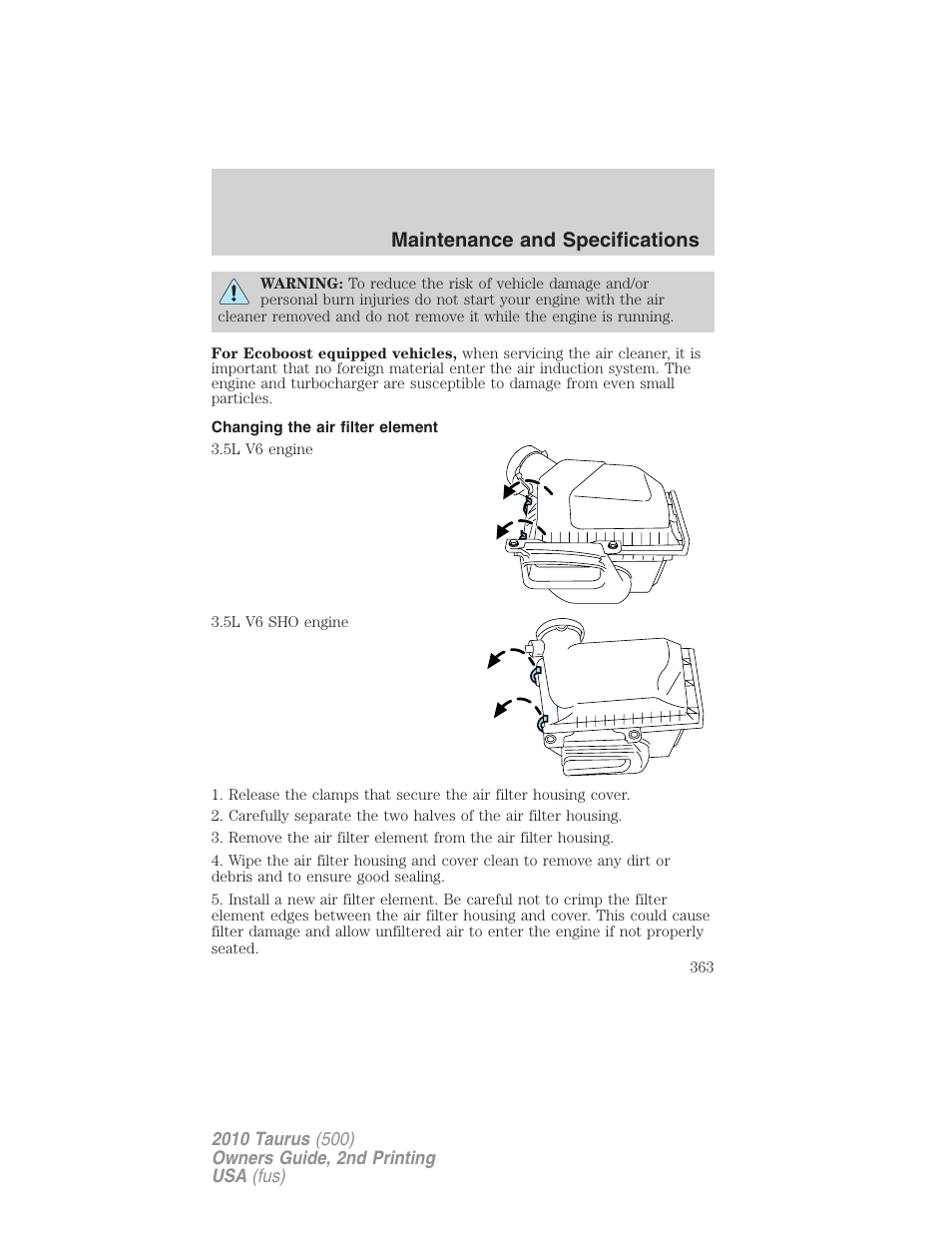 Changing the air filter element, Maintenance and specifications | FORD 2010 Taurus v.2 User Manual | Page 363 / 382