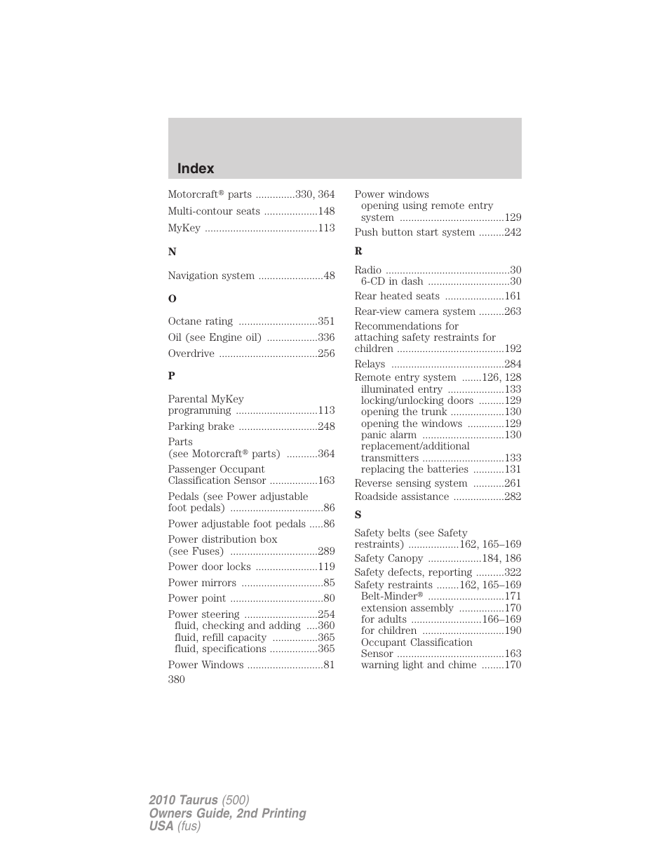 Index | FORD 2010 Taurus v.2 User Manual | Page 380 / 382