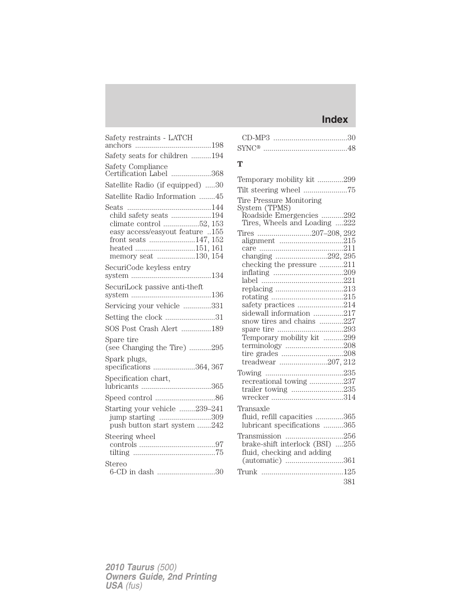 Index | FORD 2010 Taurus v.2 User Manual | Page 381 / 382