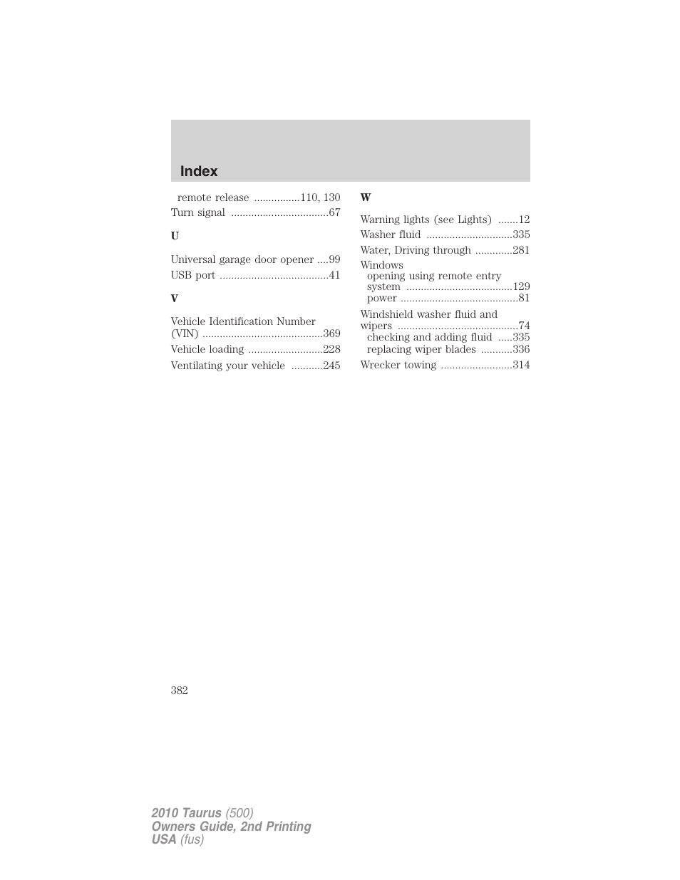 Index | FORD 2010 Taurus v.2 User Manual | Page 382 / 382