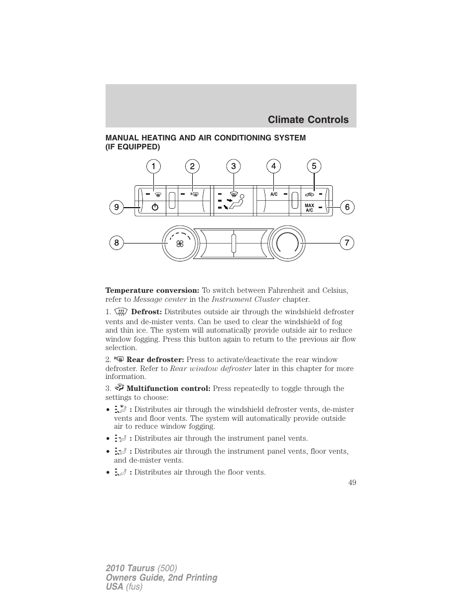 Climate controls, Manual heating and air conditioning | FORD 2010 Taurus v.2 User Manual | Page 49 / 382