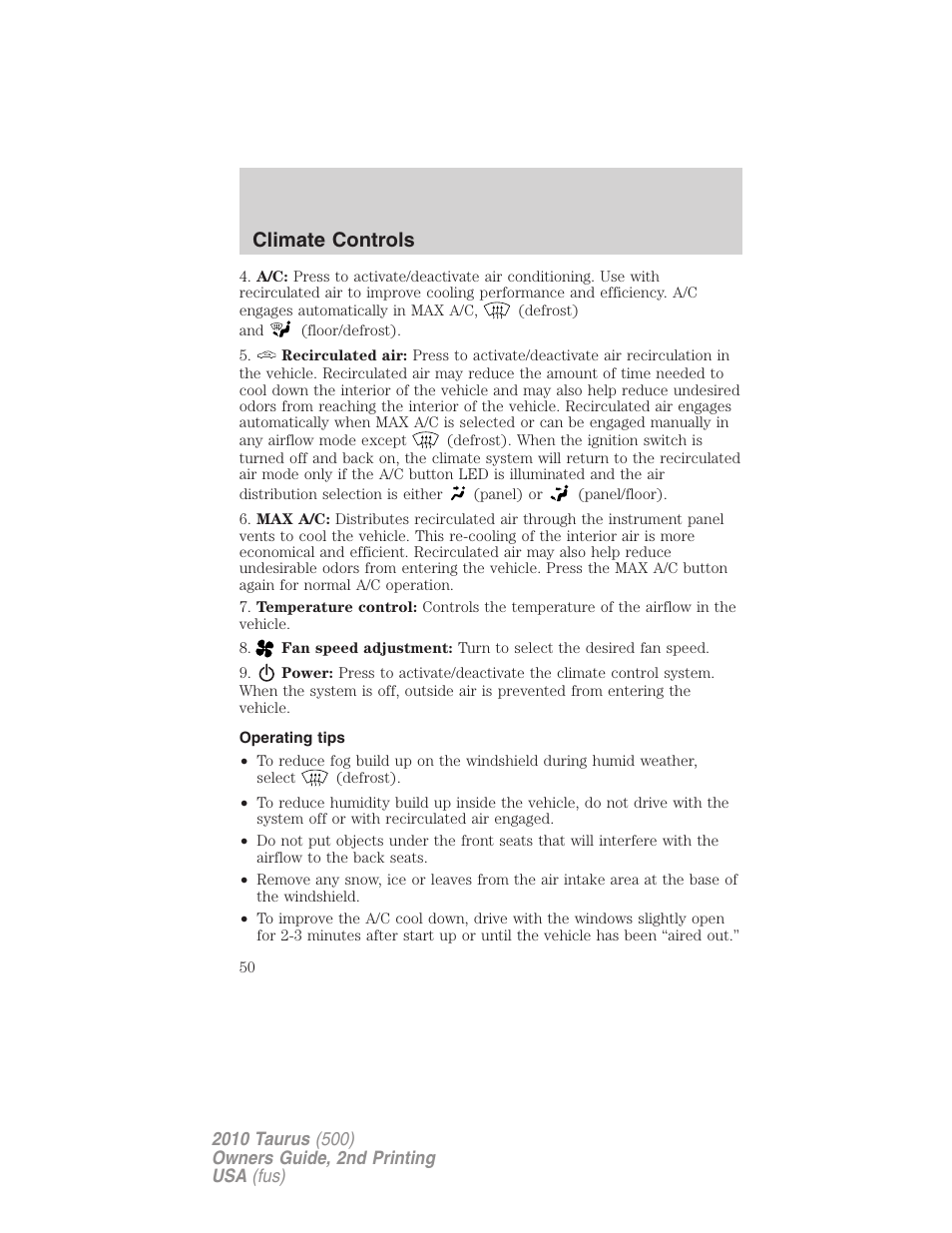 Operating tips, Climate controls | FORD 2010 Taurus v.2 User Manual | Page 50 / 382