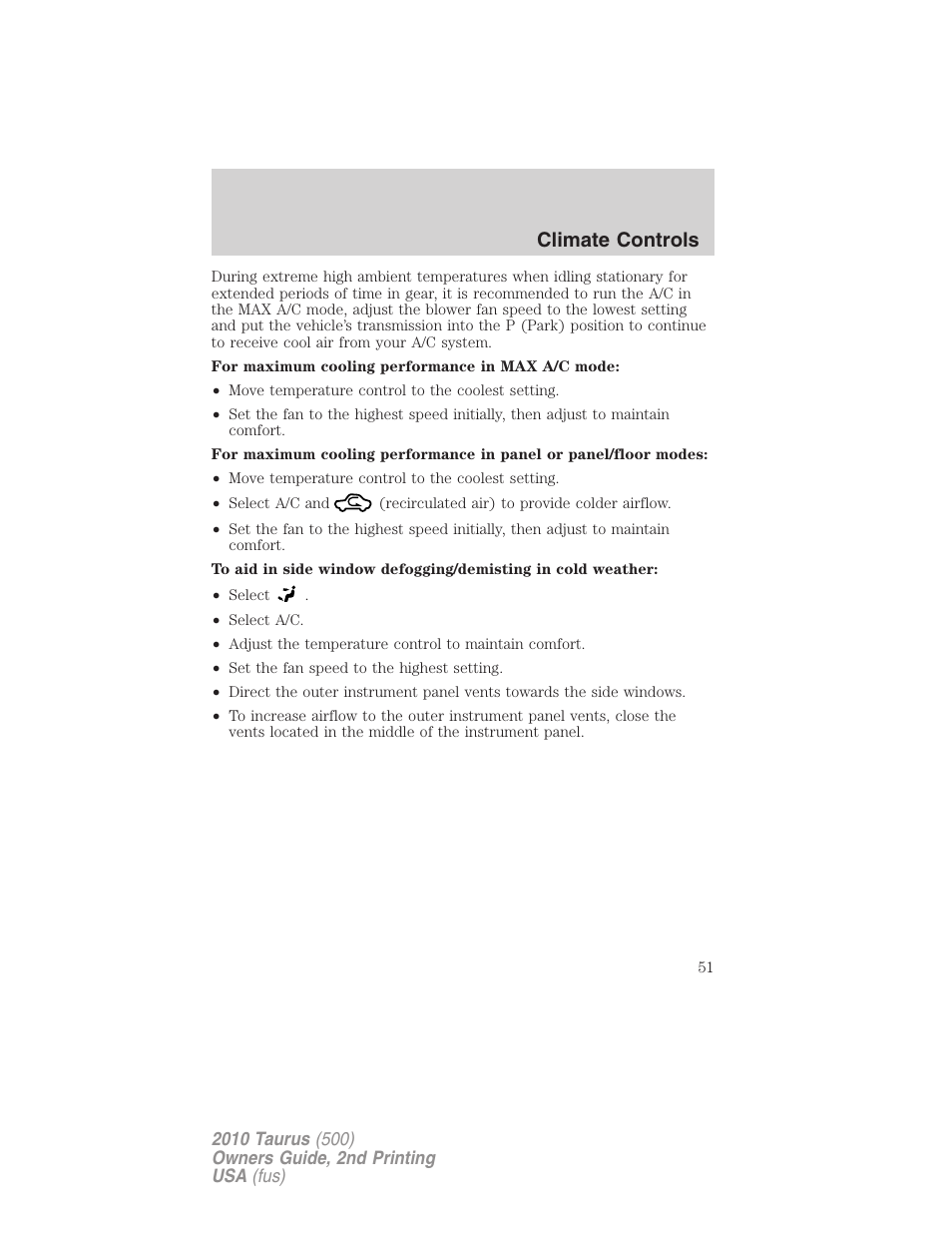 Climate controls | FORD 2010 Taurus v.2 User Manual | Page 51 / 382