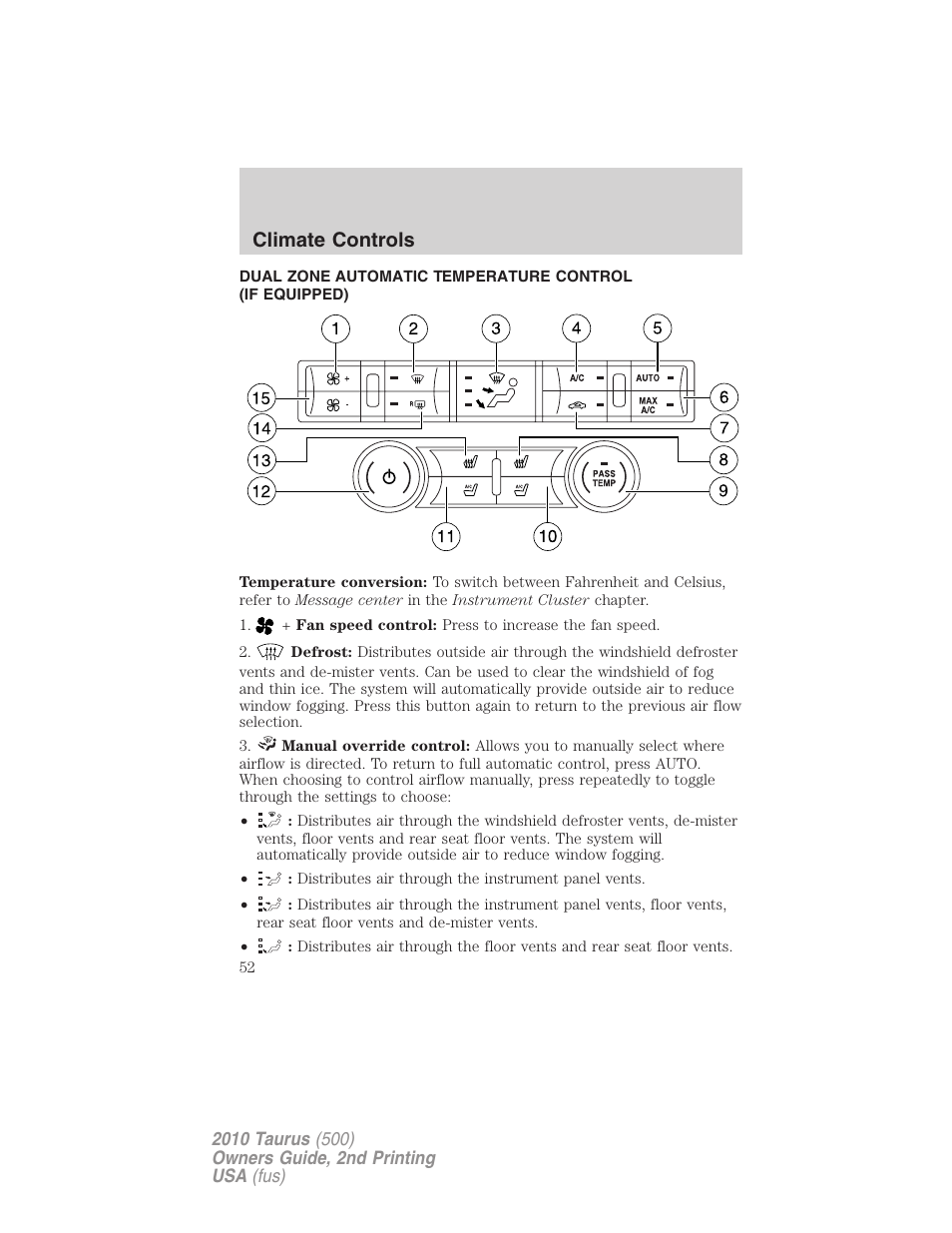 Dual electronic automatic temperature control, Climate controls | FORD 2010 Taurus v.2 User Manual | Page 52 / 382