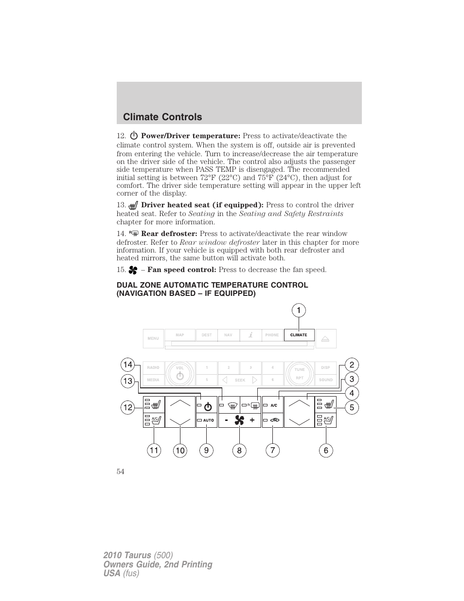 Navigation system based climate control, Climate controls | FORD 2010 Taurus v.2 User Manual | Page 54 / 382