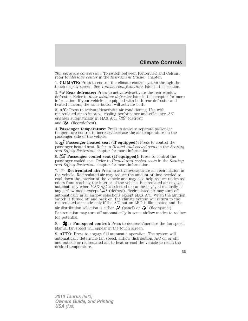 Climate controls | FORD 2010 Taurus v.2 User Manual | Page 55 / 382