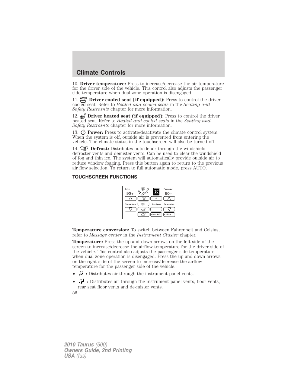 Touchscreen functions, Climate controls | FORD 2010 Taurus v.2 User Manual | Page 56 / 382