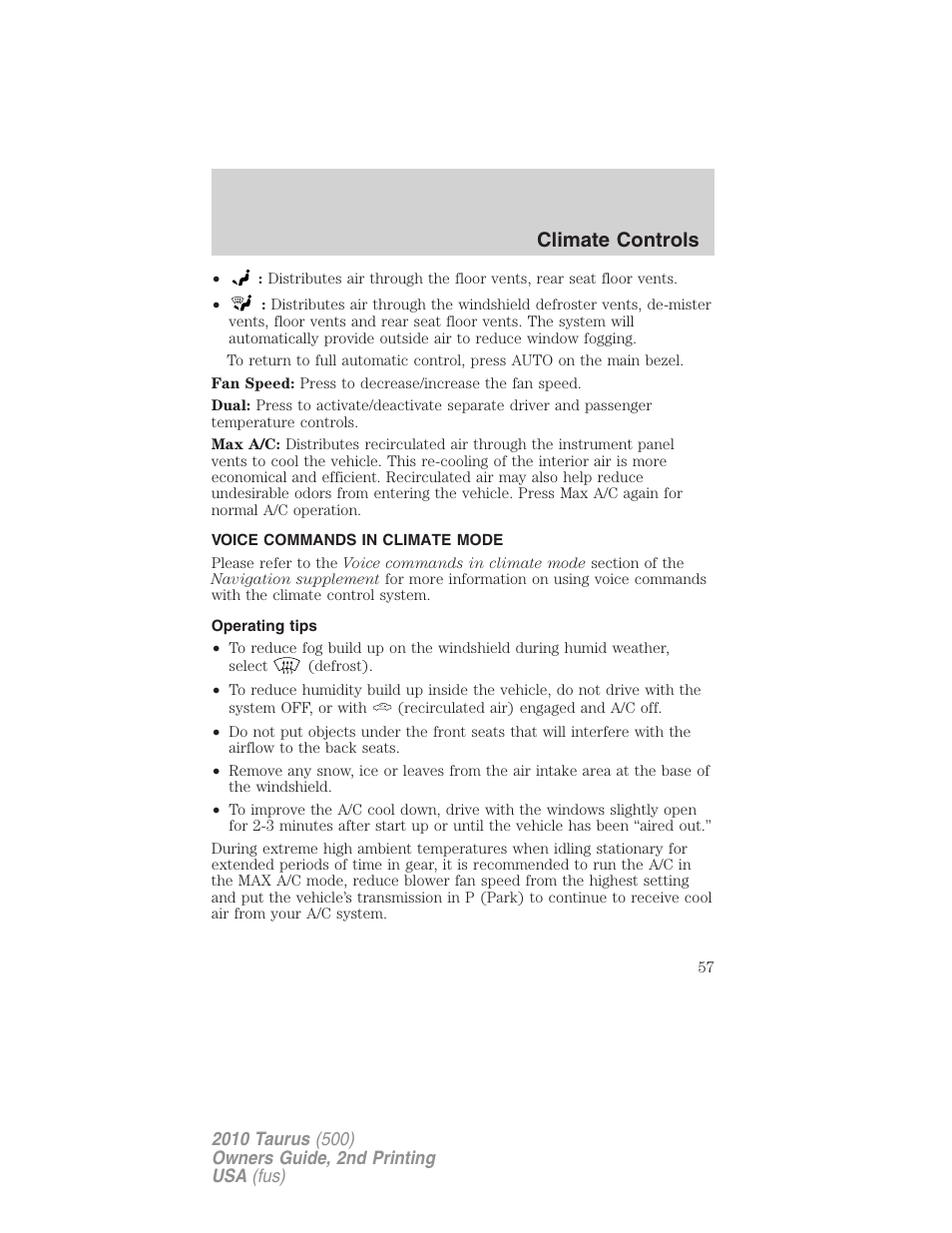 Voice commands in climate mode, Operating tips, Climate controls | FORD 2010 Taurus v.2 User Manual | Page 57 / 382