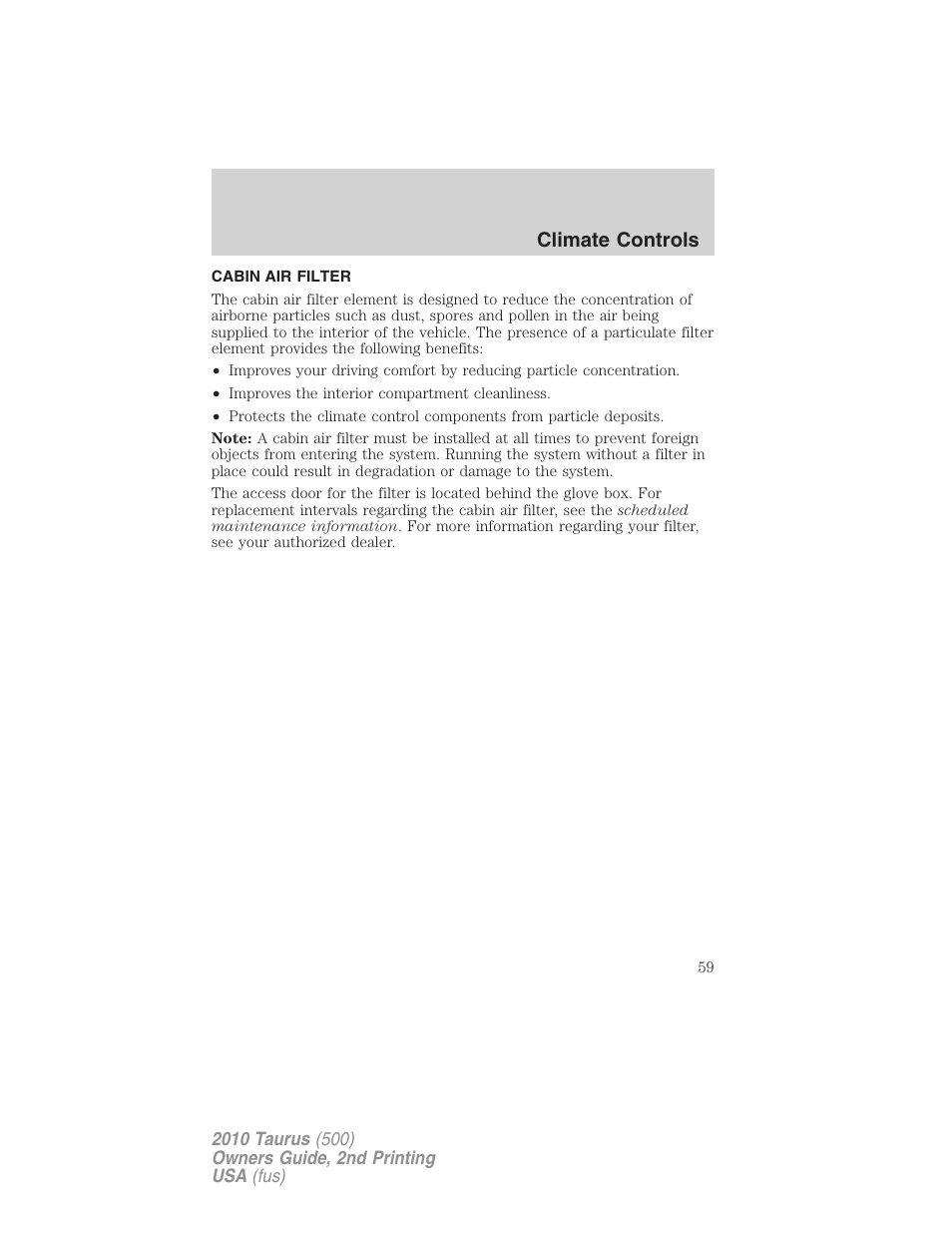 Cabin air filter, Climate controls | FORD 2010 Taurus v.2 User Manual | Page 59 / 382