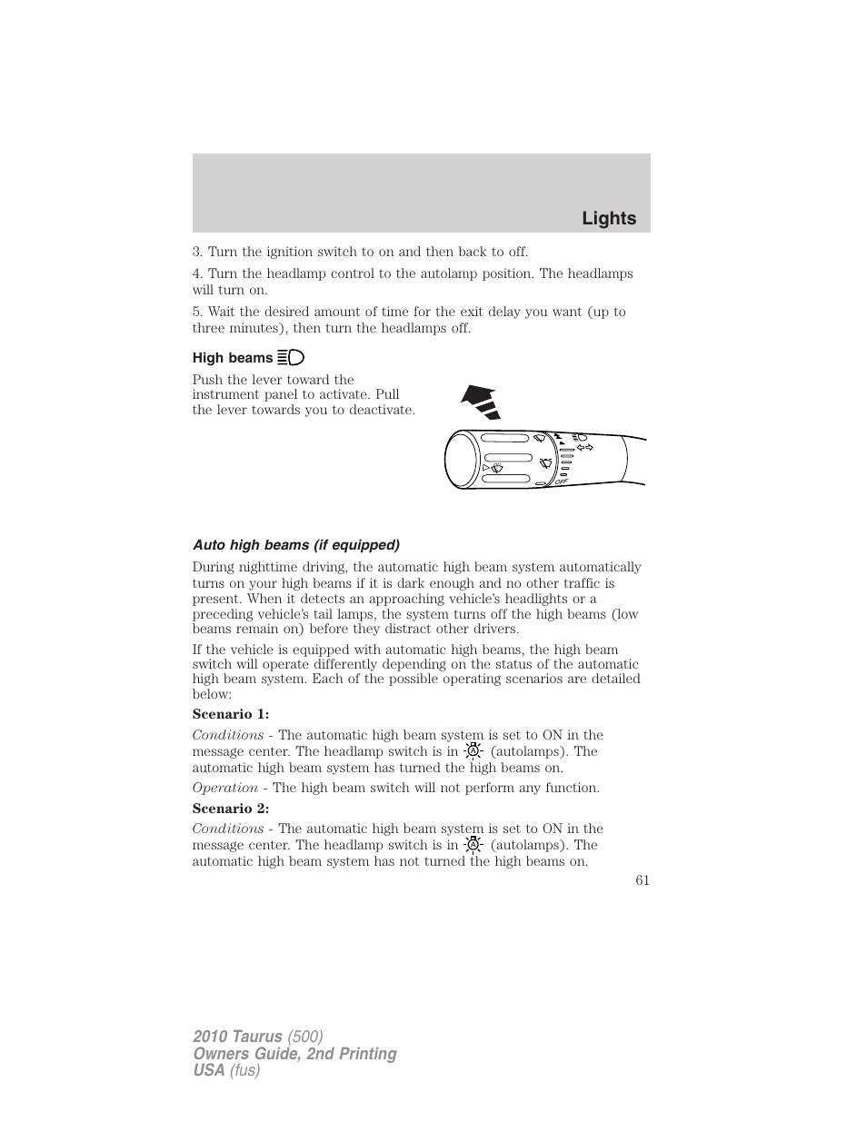 High beams, Auto high beams (if equipped), Lights | FORD 2010 Taurus v.2 User Manual | Page 61 / 382