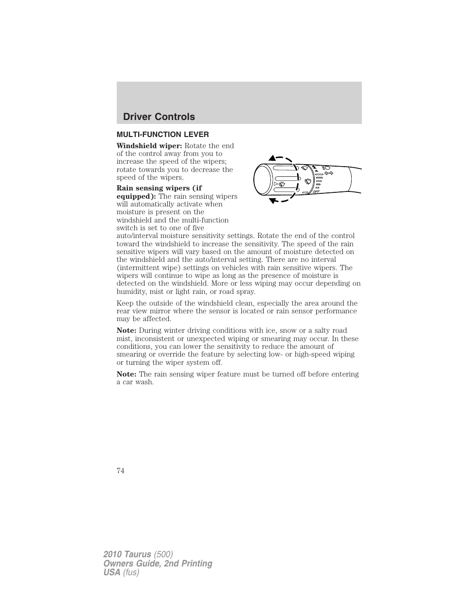 Driver controls, Multi-function lever, Windshield wiper/washer control | FORD 2010 Taurus v.2 User Manual | Page 74 / 382