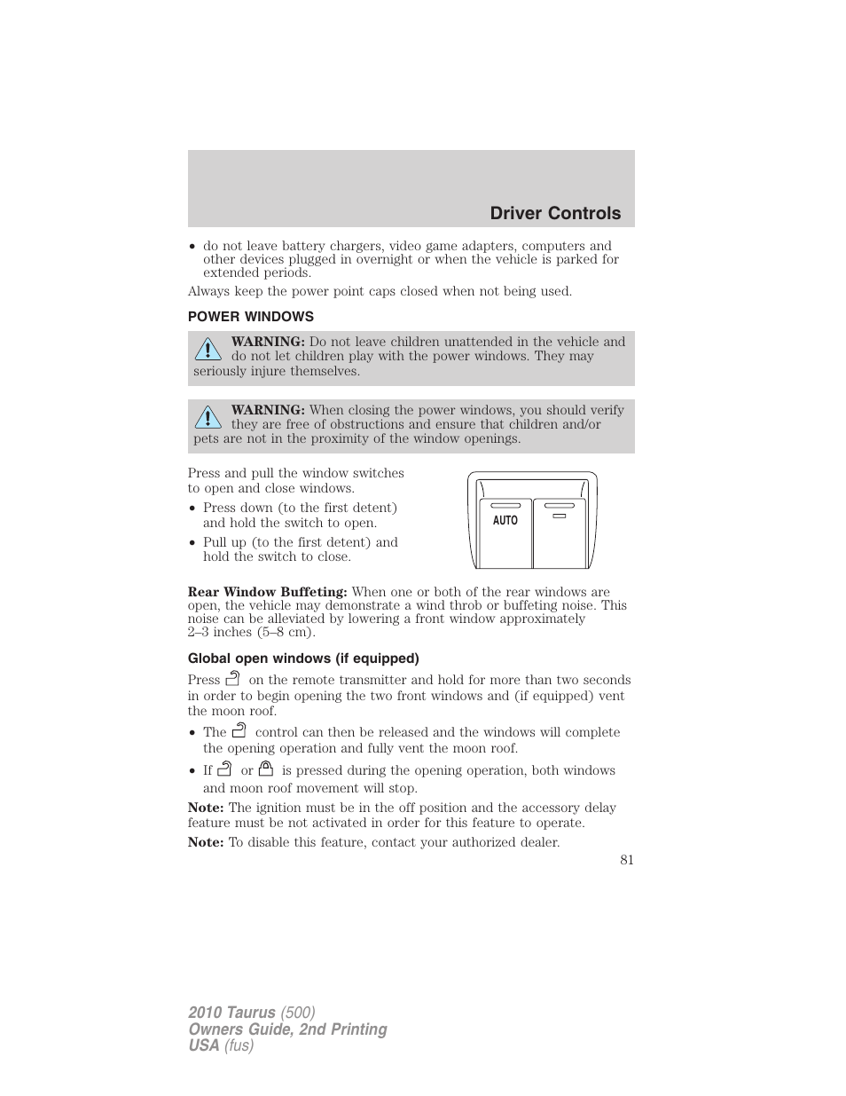 Power windows, Global open windows (if equipped), Driver controls | FORD 2010 Taurus v.2 User Manual | Page 81 / 382