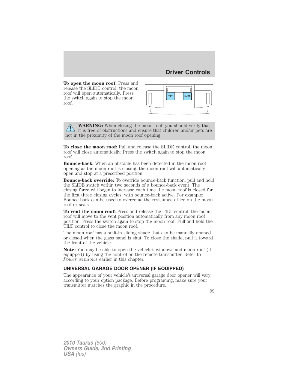 Universal garage door opener (if equipped), Driver controls | FORD 2010 Taurus v.2 User Manual | Page 99 / 382