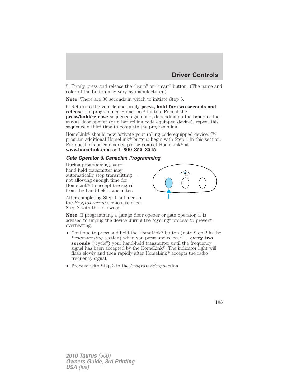 Gate operator & canadian programming, Driver controls | FORD 2010 Taurus v.3 User Manual | Page 103 / 388