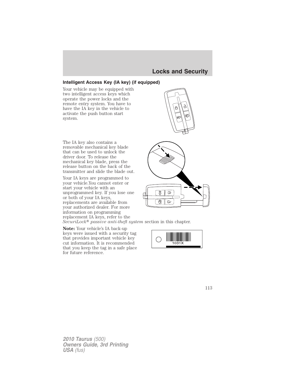 Intelligent access key (ia key) (if equipped), Locks and security | FORD 2010 Taurus v.3 User Manual | Page 113 / 388