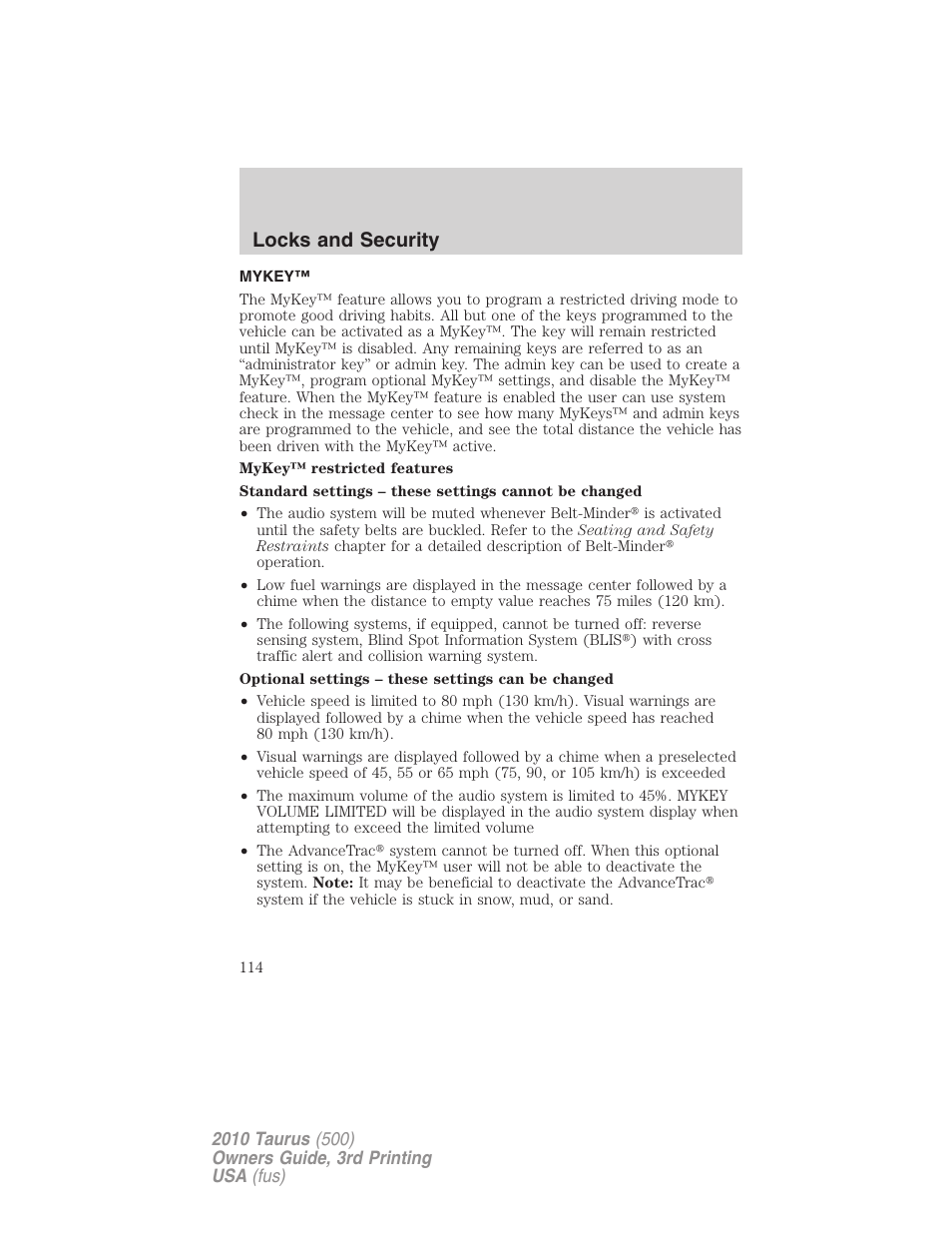 Mykey, Locks and security | FORD 2010 Taurus v.3 User Manual | Page 114 / 388