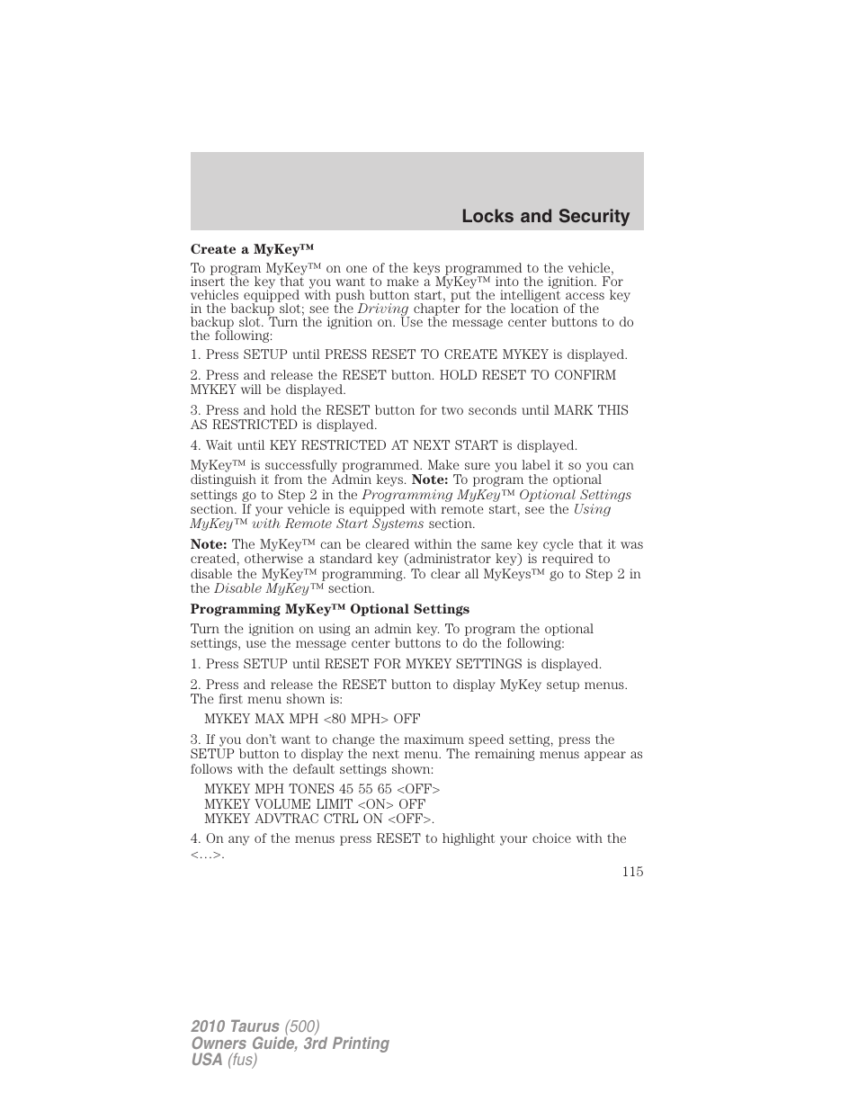 Locks and security | FORD 2010 Taurus v.3 User Manual | Page 115 / 388