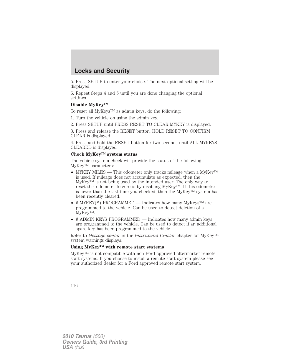 Locks and security | FORD 2010 Taurus v.3 User Manual | Page 116 / 388