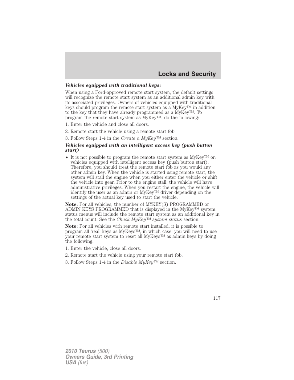 Locks and security | FORD 2010 Taurus v.3 User Manual | Page 117 / 388