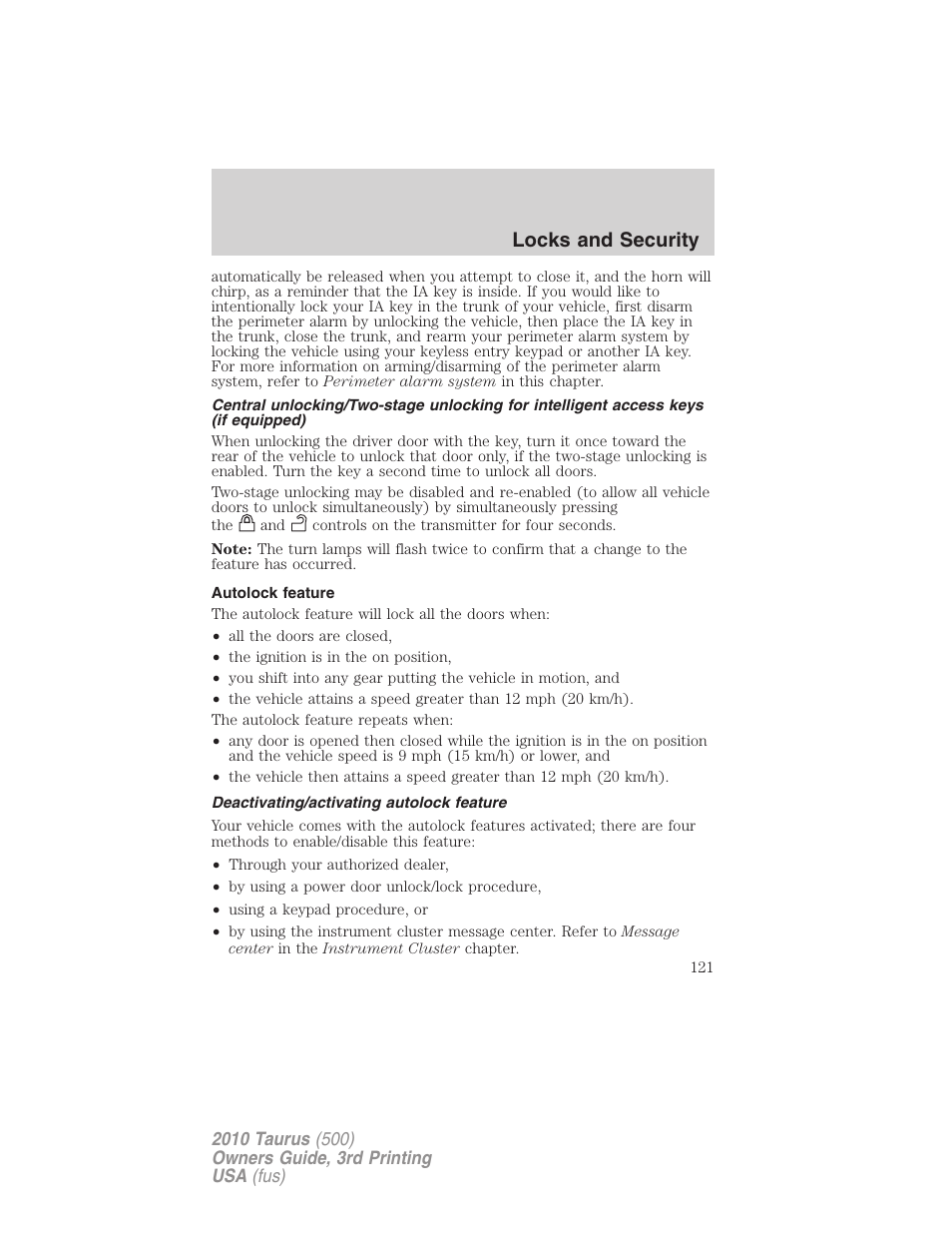 Autolock feature, Deactivating/activating autolock feature, Locks and security | FORD 2010 Taurus v.3 User Manual | Page 121 / 388