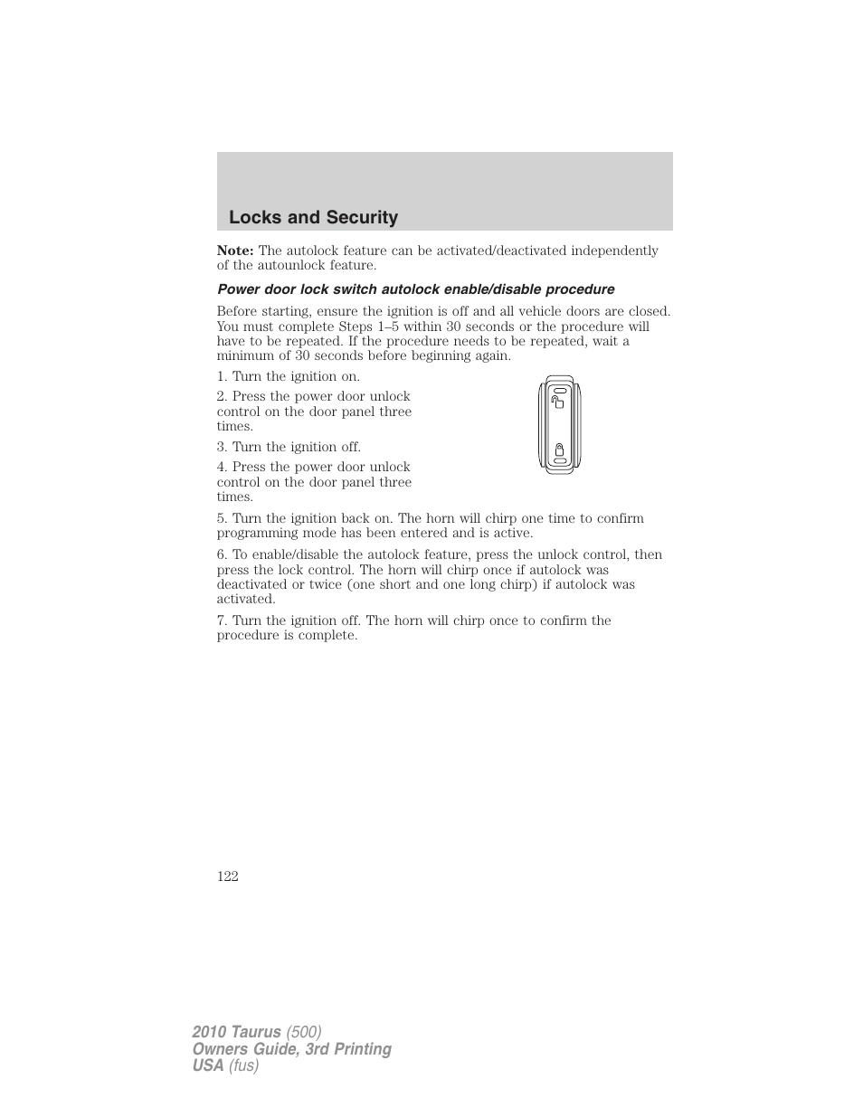 Locks and security | FORD 2010 Taurus v.3 User Manual | Page 122 / 388