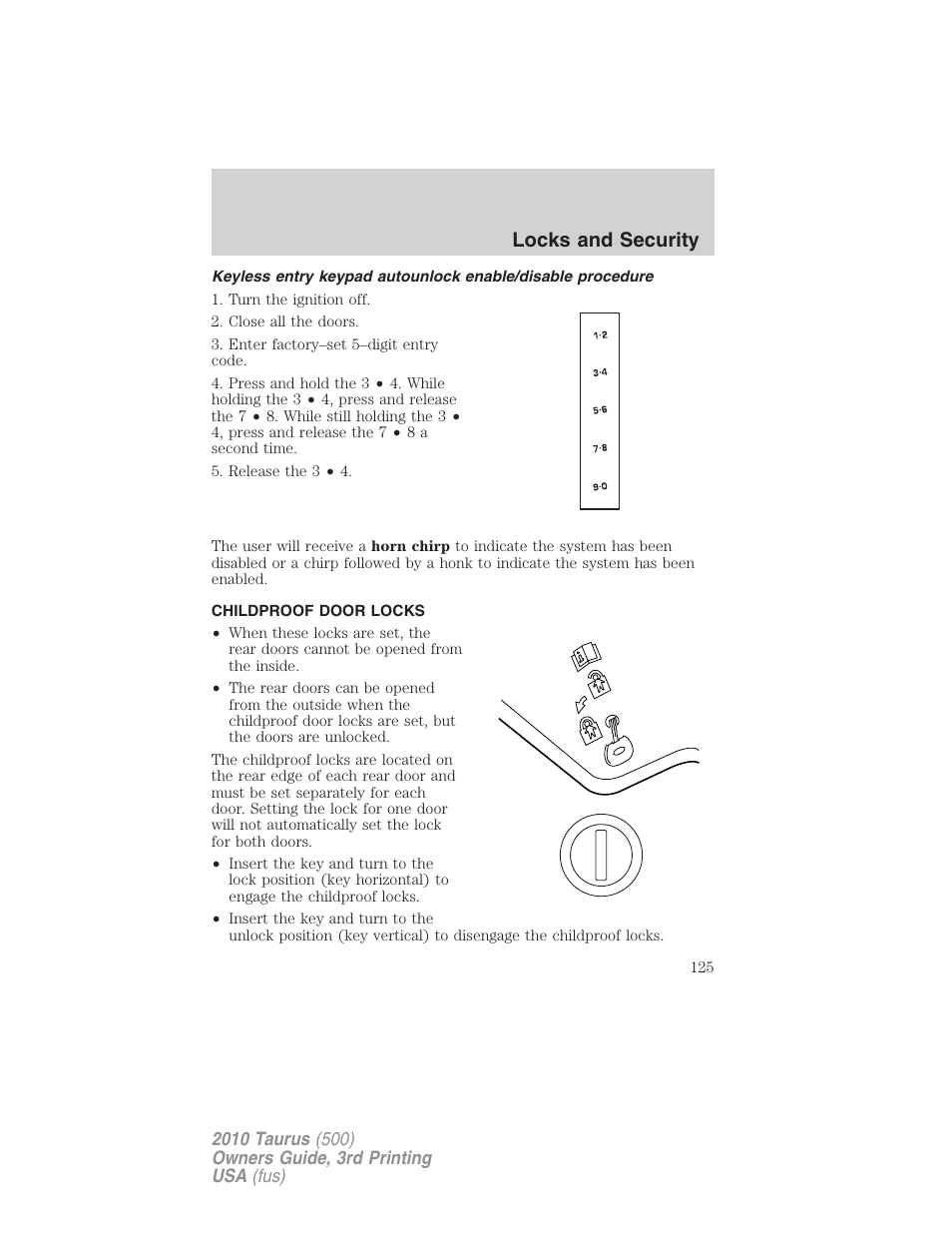 Childproof door locks, Locks and security | FORD 2010 Taurus v.3 User Manual | Page 125 / 388