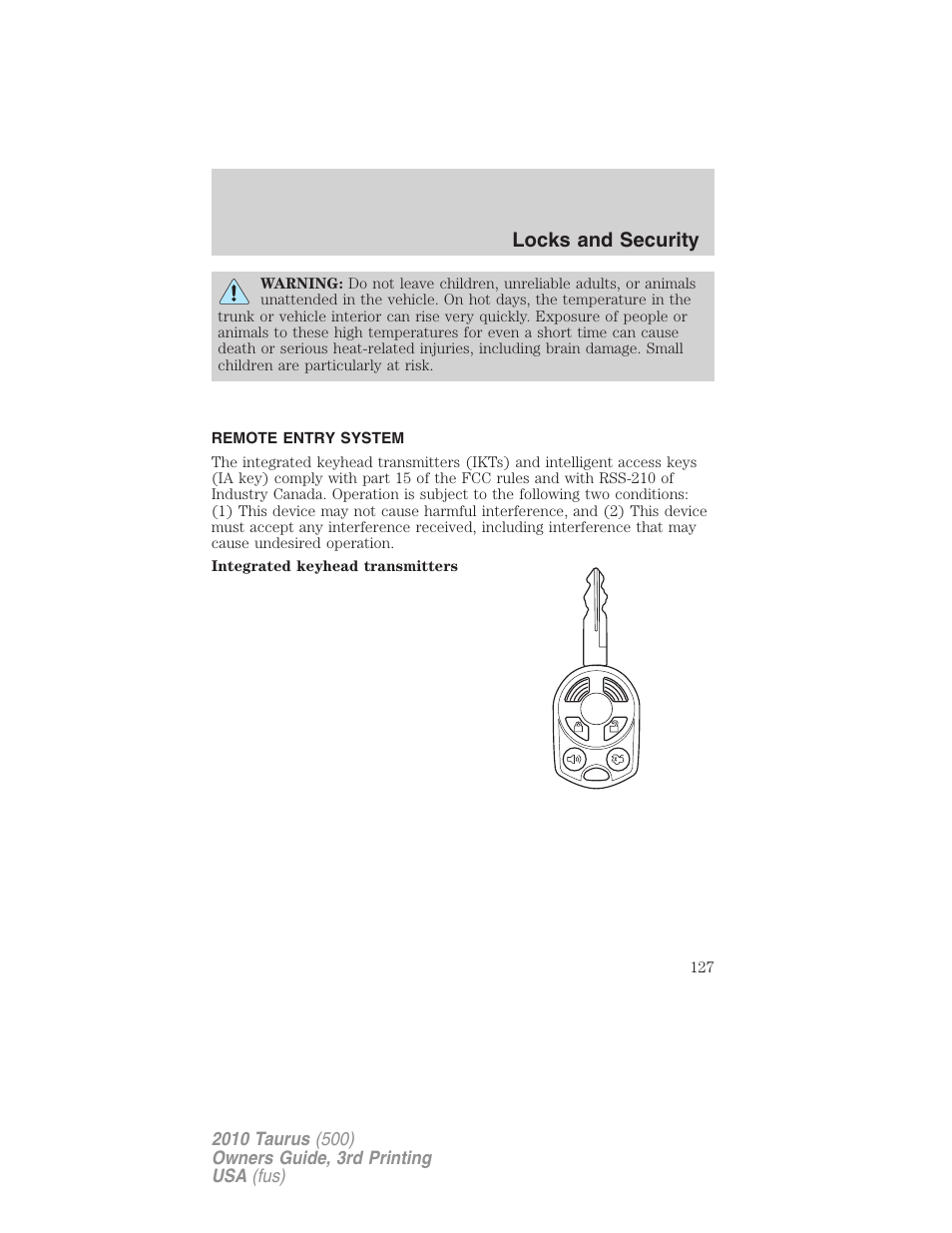 Remote entry system, Locks and security | FORD 2010 Taurus v.3 User Manual | Page 127 / 388