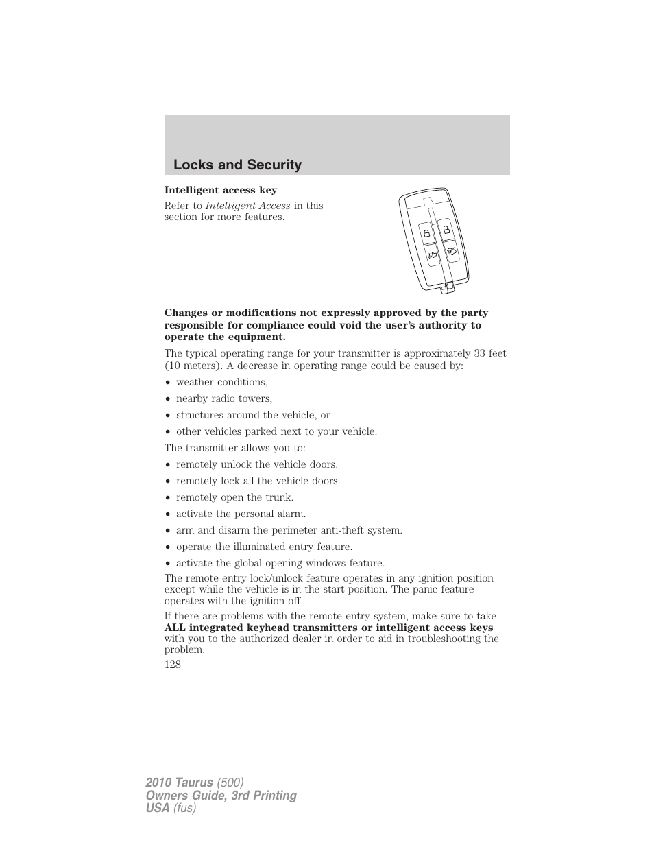 Locks and security | FORD 2010 Taurus v.3 User Manual | Page 128 / 388