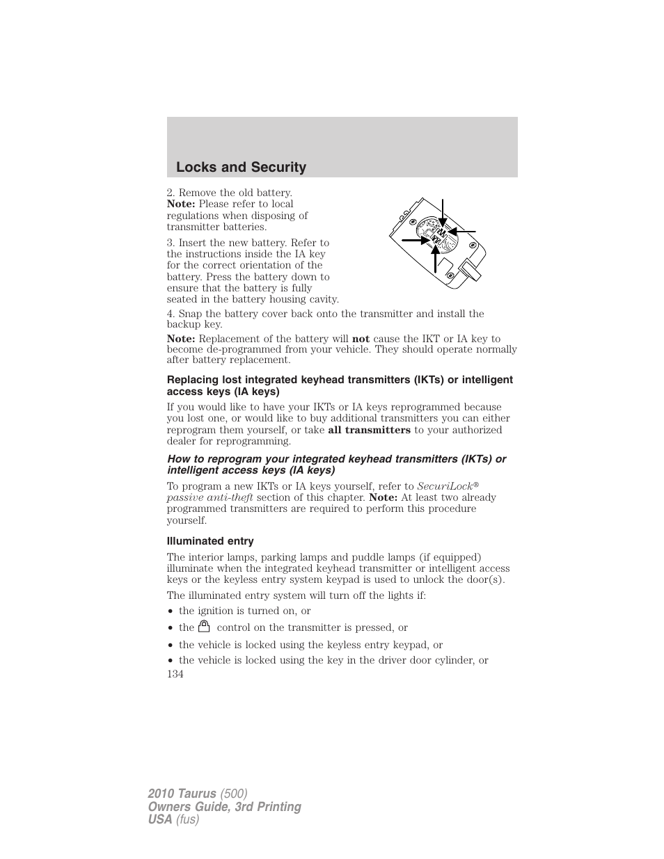 Illuminated entry, Locks and security | FORD 2010 Taurus v.3 User Manual | Page 134 / 388