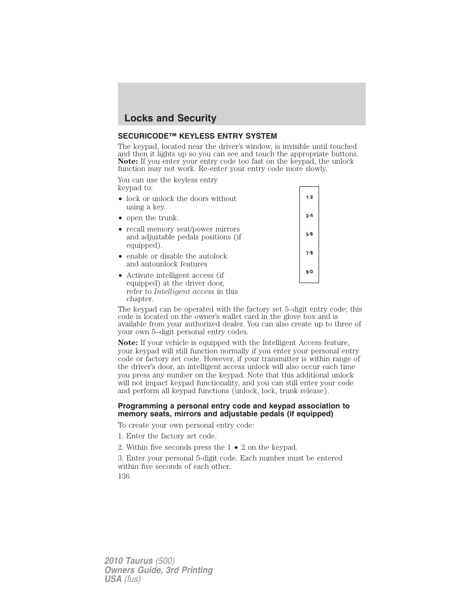 Securicode™ keyless entry system, Locks and security | FORD 2010 Taurus v.3 User Manual | Page 136 / 388