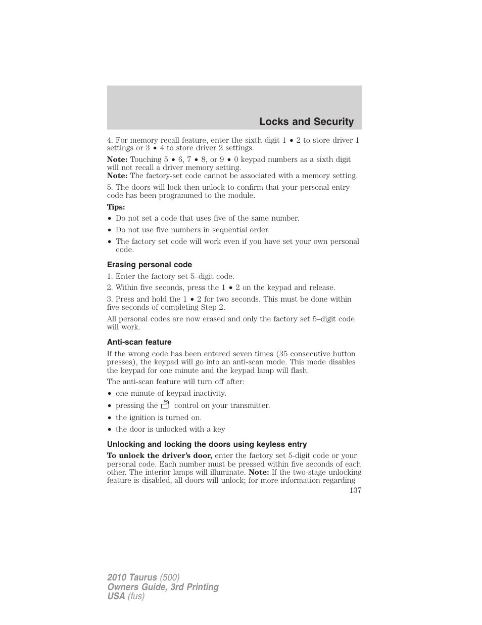 Erasing personal code, Anti-scan feature, Locks and security | FORD 2010 Taurus v.3 User Manual | Page 137 / 388