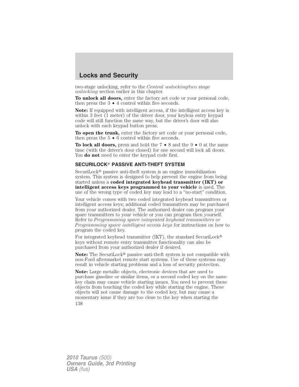 Securilock passive anti-theft system, Anti-theft system, Locks and security | FORD 2010 Taurus v.3 User Manual | Page 138 / 388