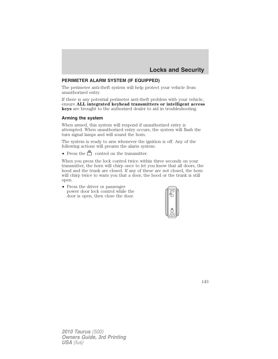 Perimeter alarm system (if equipped), Arming the system, Locks and security | FORD 2010 Taurus v.3 User Manual | Page 143 / 388