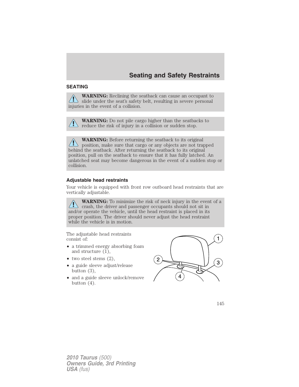 Seating and safety restraints, Seating, Adjustable head restraints | FORD 2010 Taurus v.3 User Manual | Page 145 / 388