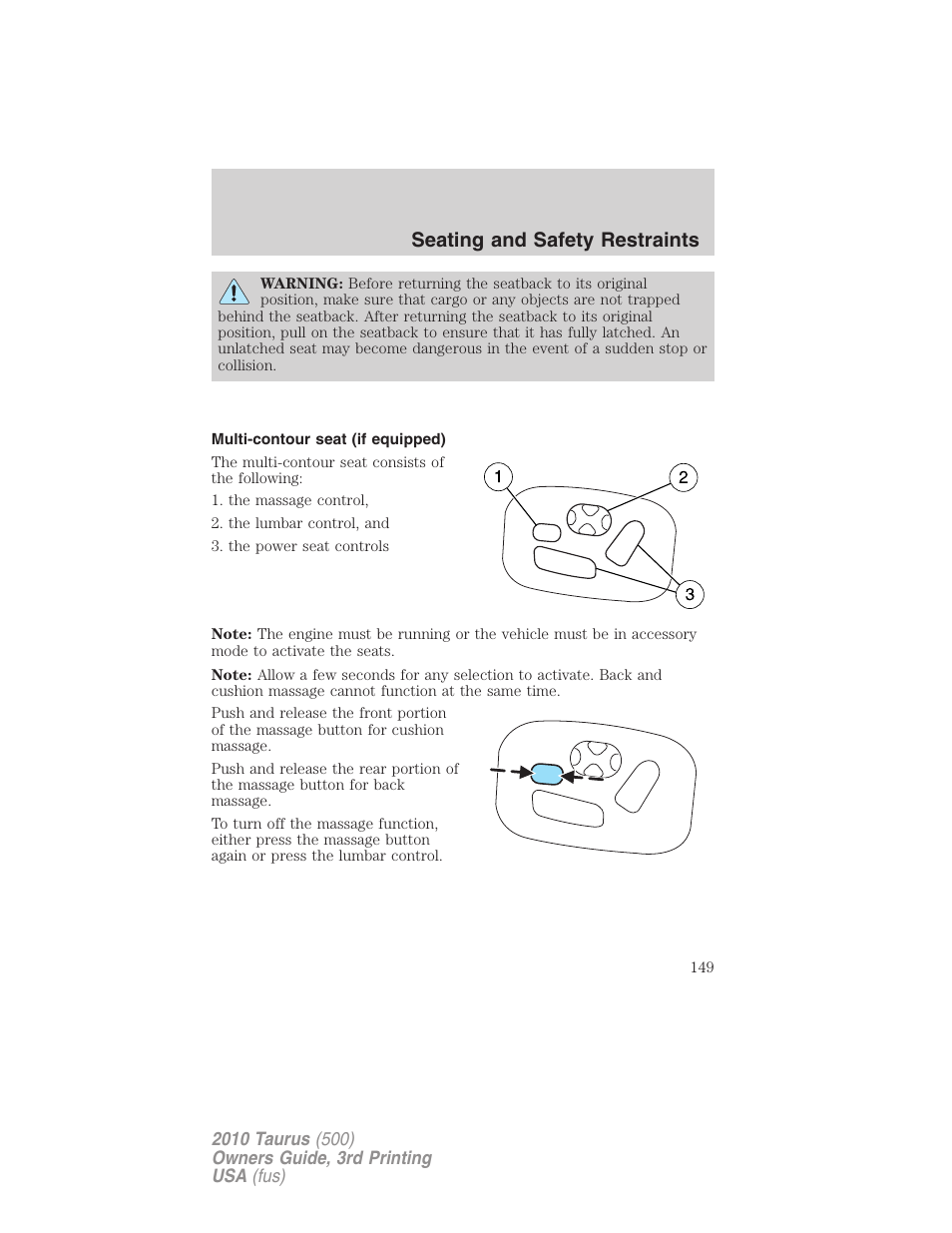 Multi-contour seat (if equipped), Seating and safety restraints | FORD 2010 Taurus v.3 User Manual | Page 149 / 388