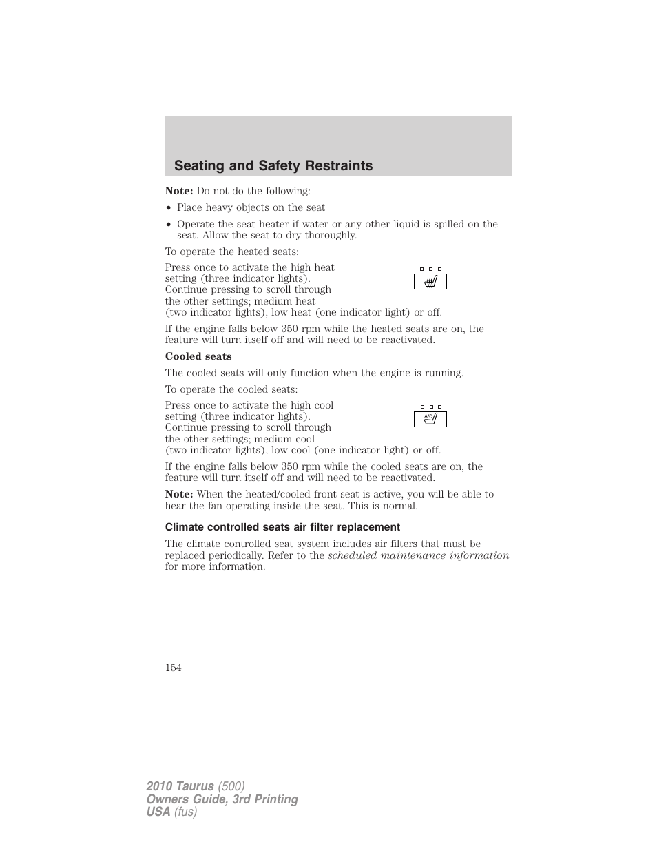 Climate controlled seats air filter replacement, Seating and safety restraints | FORD 2010 Taurus v.3 User Manual | Page 154 / 388