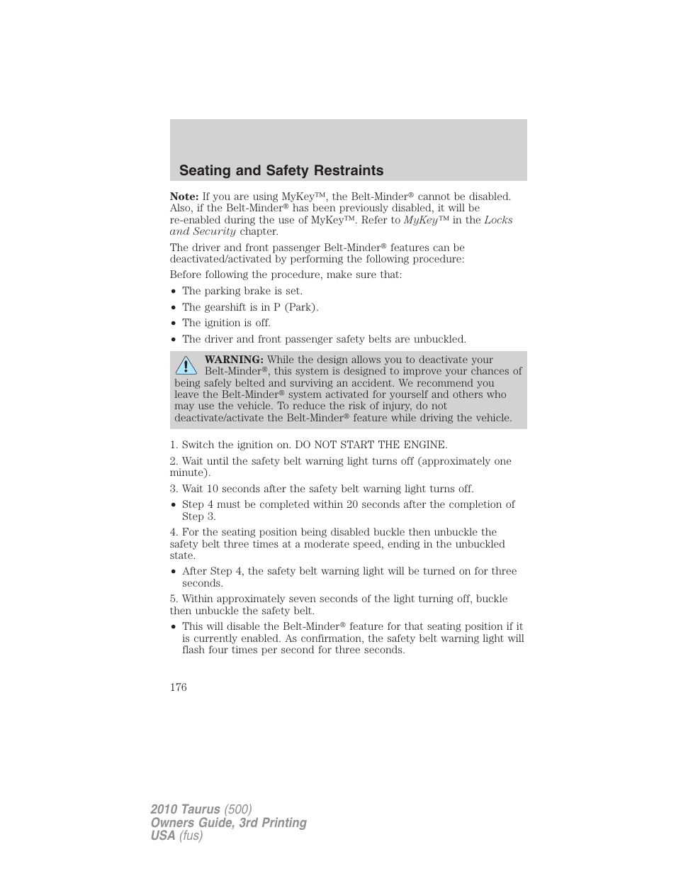 Seating and safety restraints | FORD 2010 Taurus v.3 User Manual | Page 176 / 388